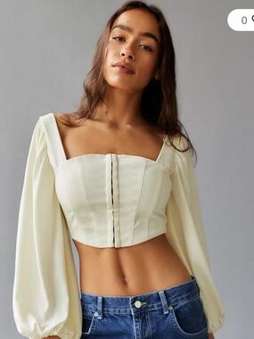 Urban Outfitters Cream Ivory Corset Puff Sleeve Crop Top Hook Eye - Size Medium